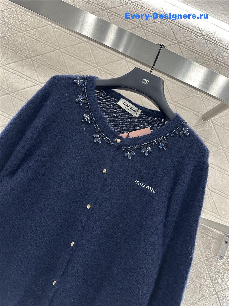 Miu Miu rhinestone navy knitted cardigan