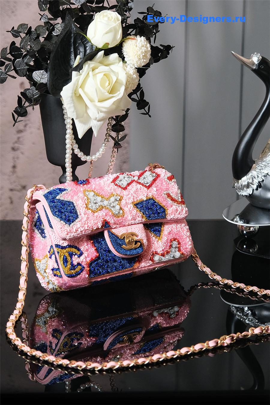 Ch**el pink satin sequin embellished flap bag