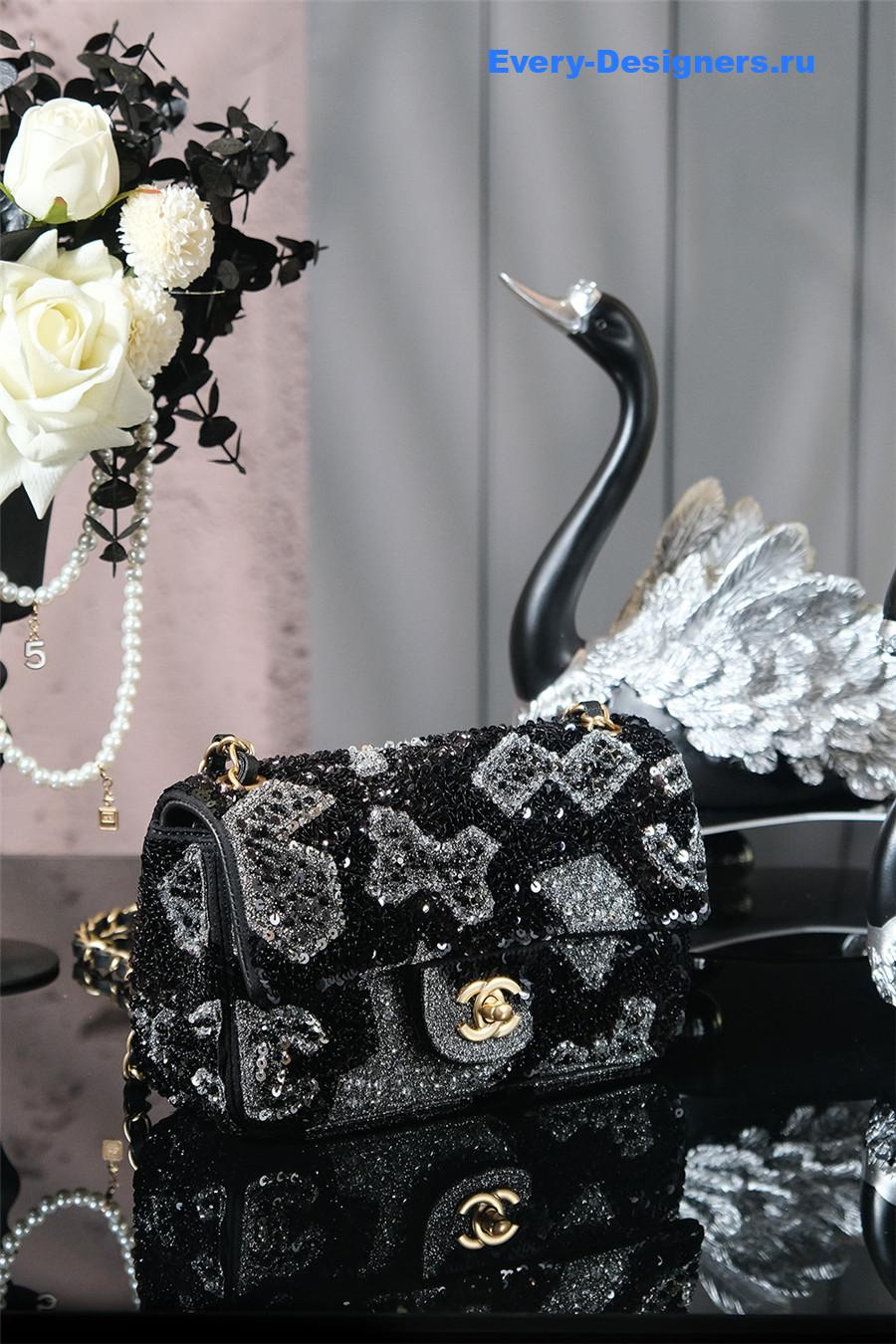 Ch**el black satin sequin embellished flap bag