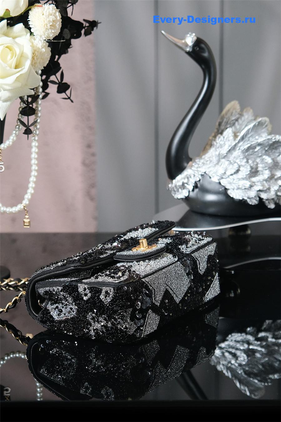 Ch**el black satin sequin embellished flap bag