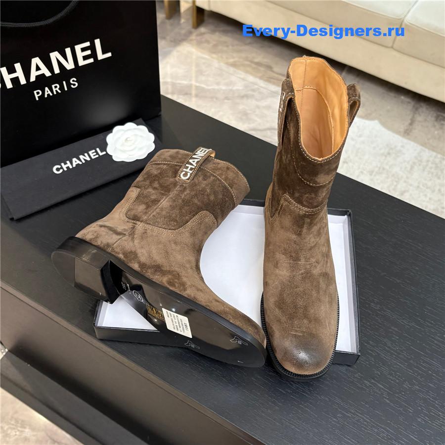 Ch**el cc brown suede block heel ankle boots