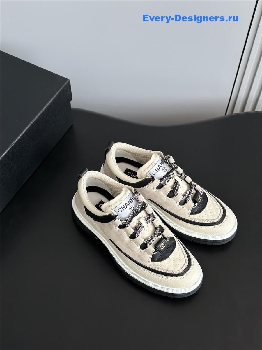 Ch**el white & beige suede calfskin sneakers