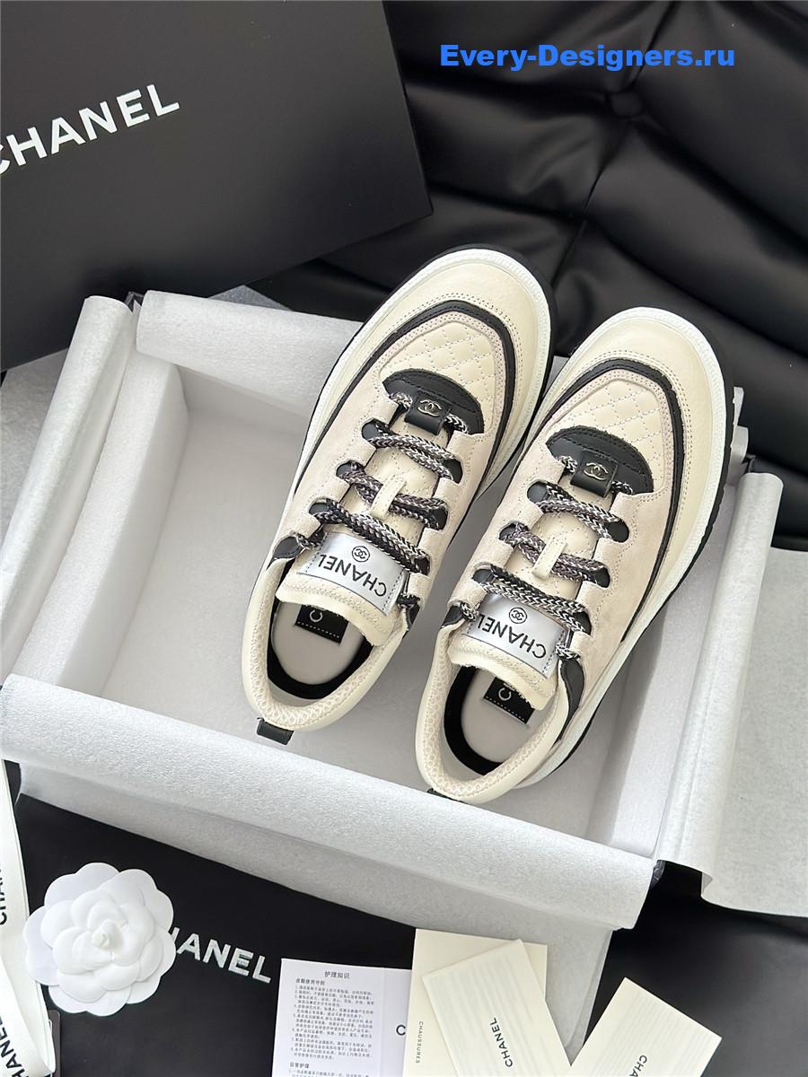 Ch**el white & beige suede calfskin sneakers