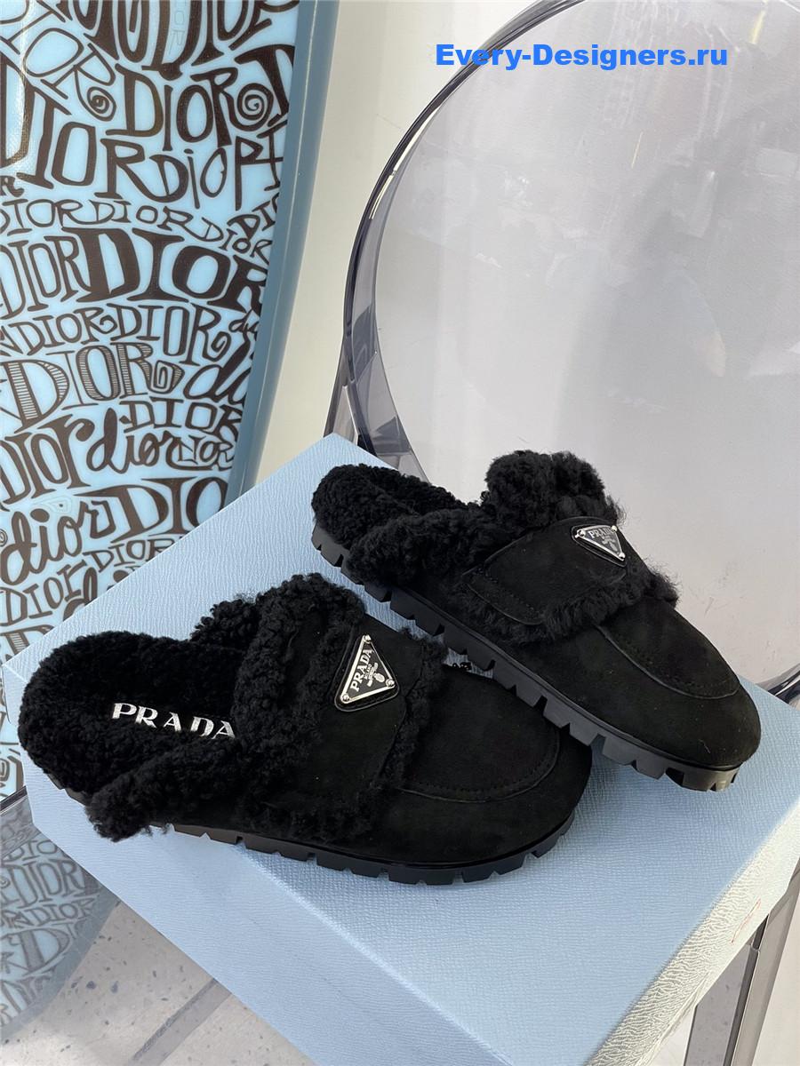 Pra*a black flat shearling fur-lined mules