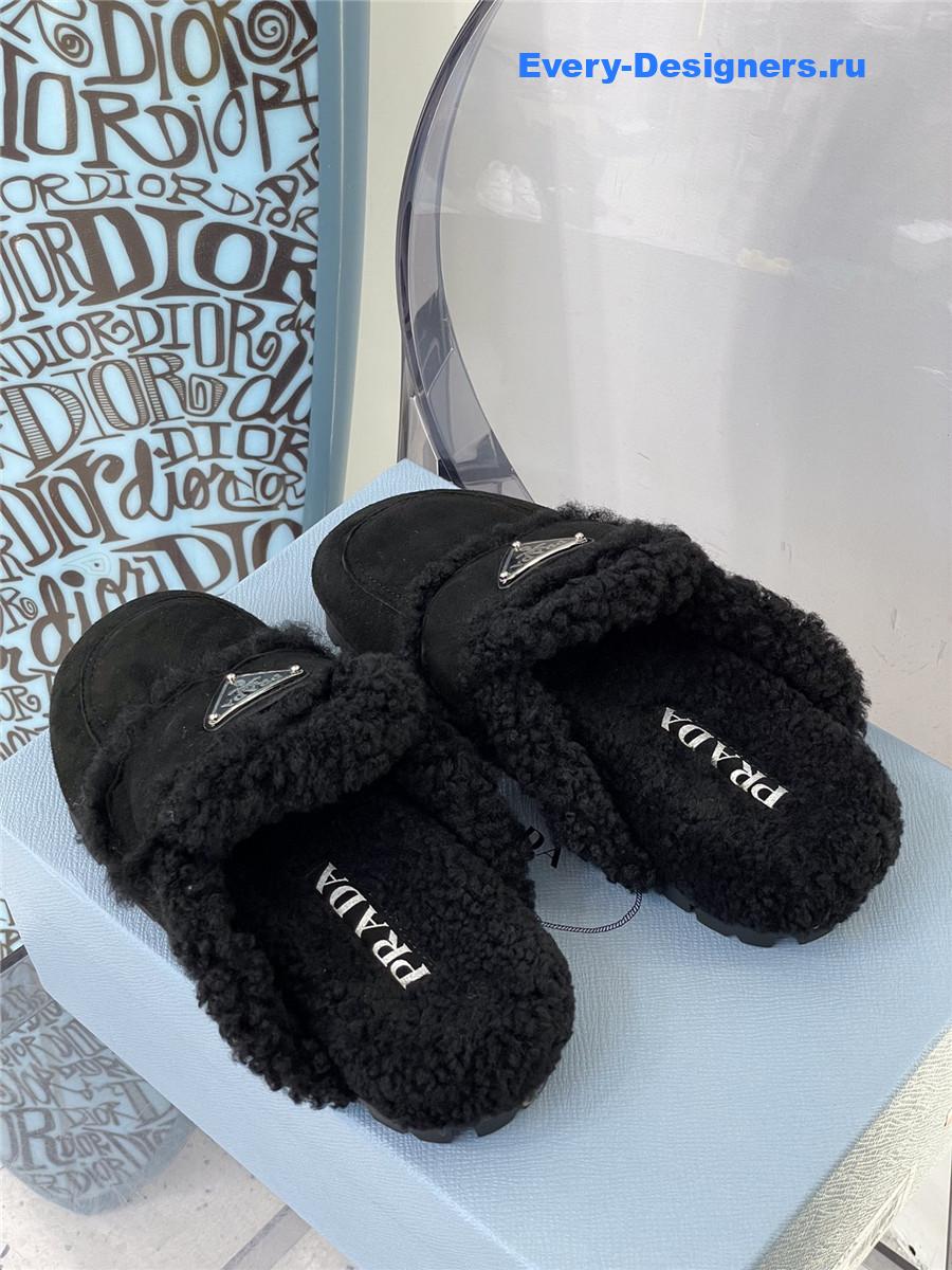 Pra*a black flat shearling fur-lined mules