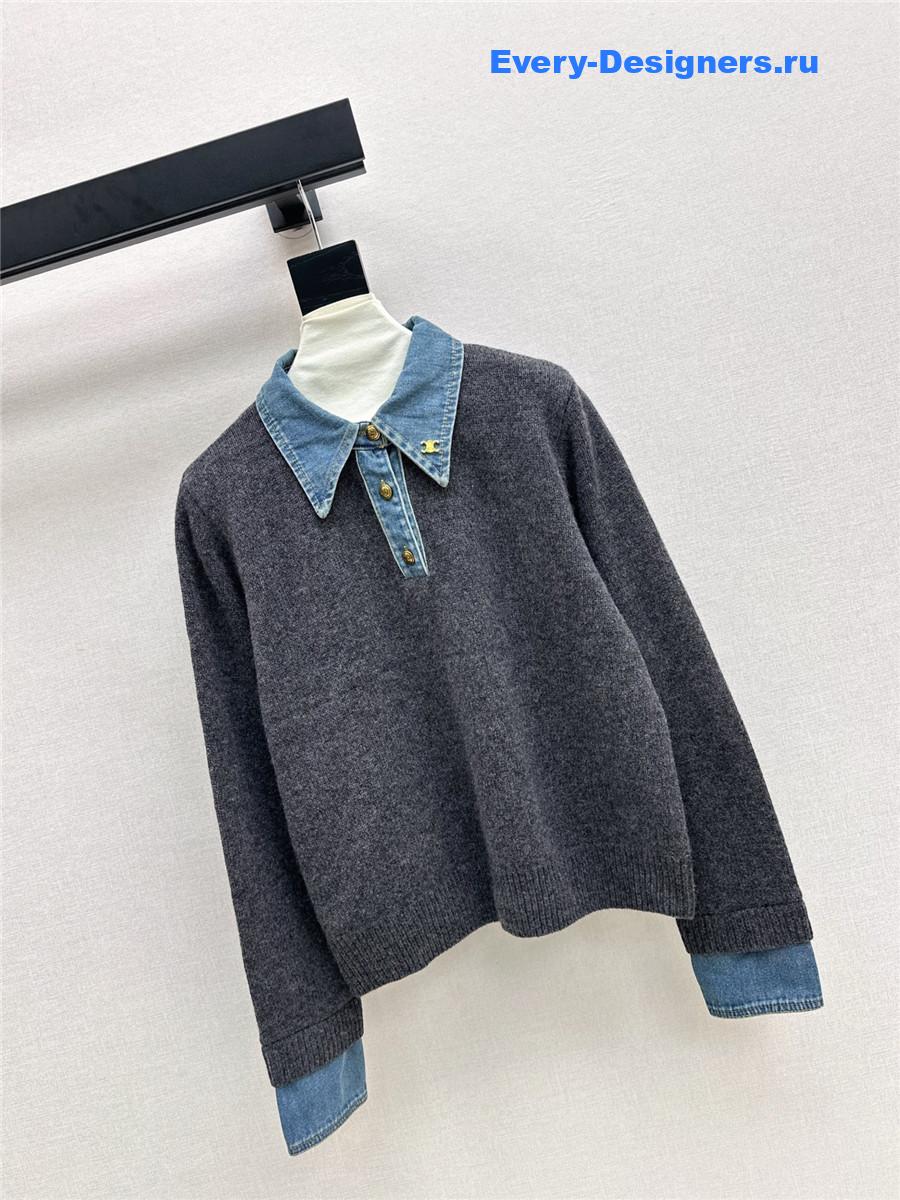 Ce1i*e wool denim-trim polo sweater
