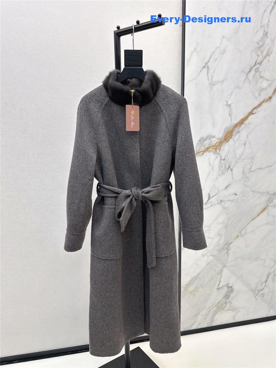 L0r0 P1ana grey mink stand collar long coat