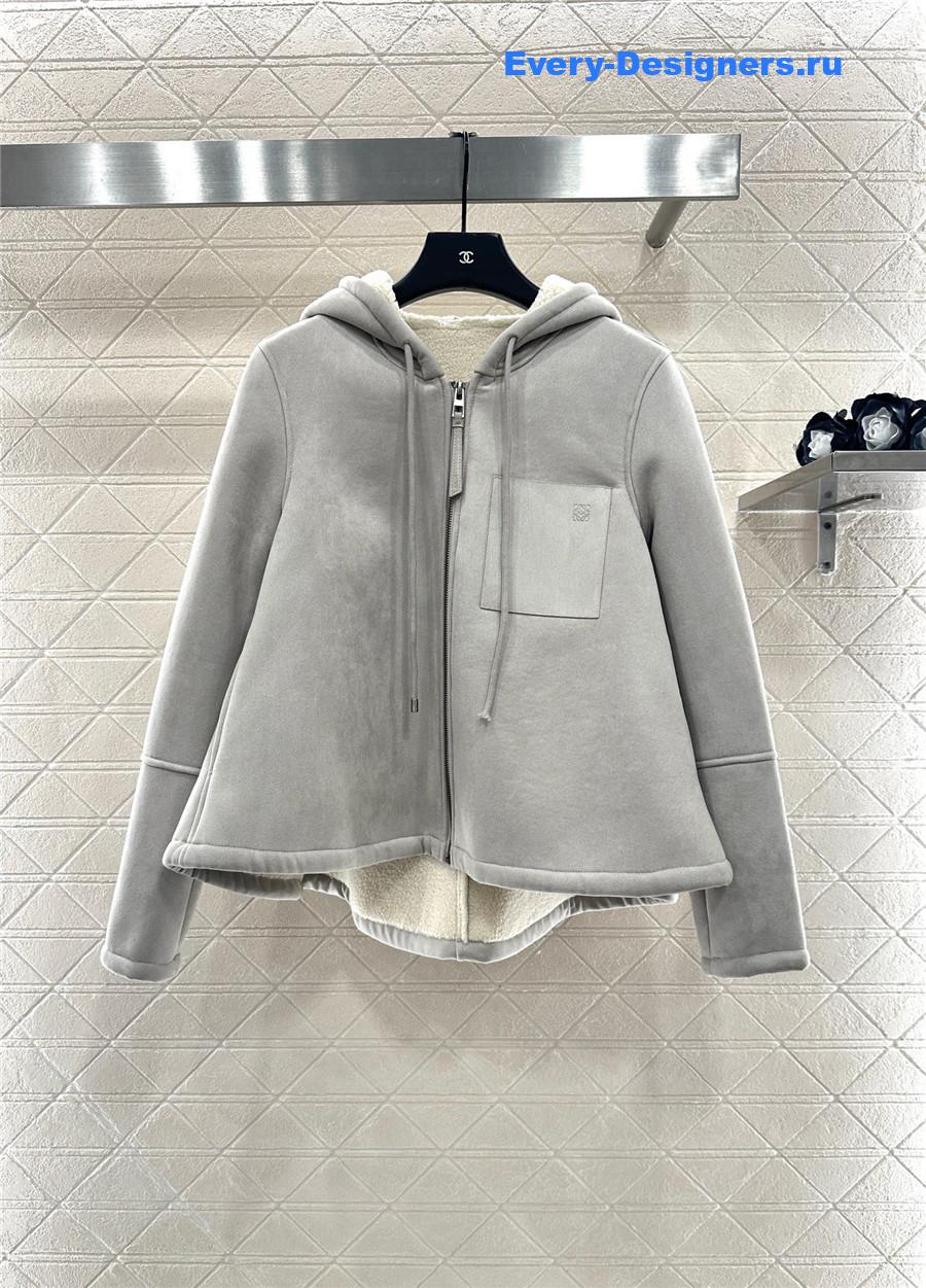 L0ew* grey shearling hooded jacket