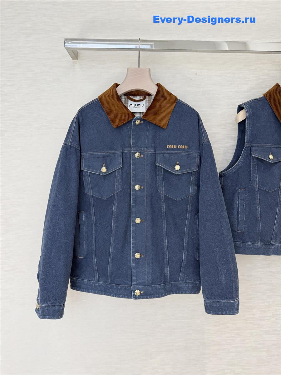 Miu Miu Embroidered-Logo Padded Blue Denim Jacket