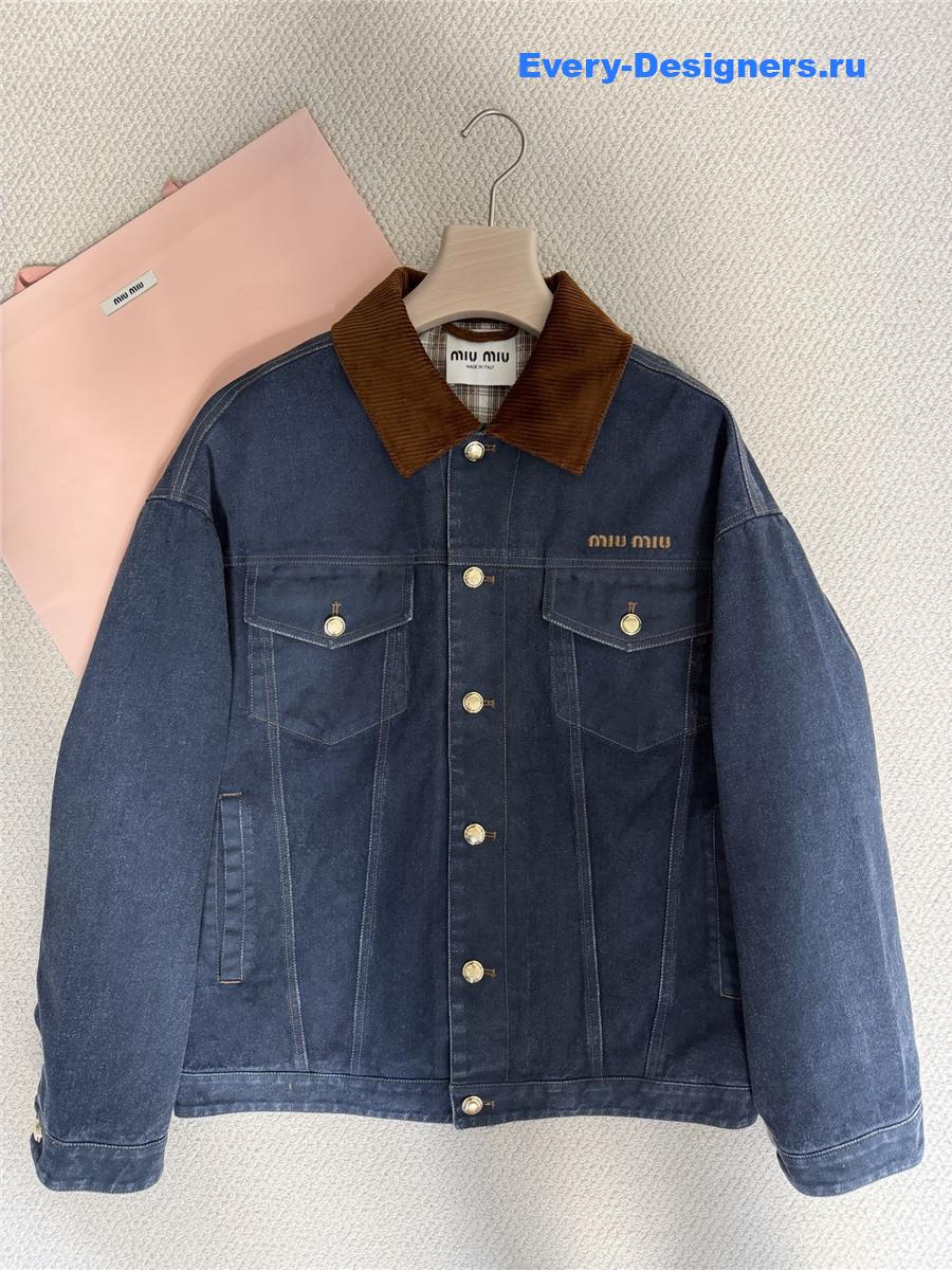 Miu Miu Embroidered-Logo Padded Blue Denim Jacket