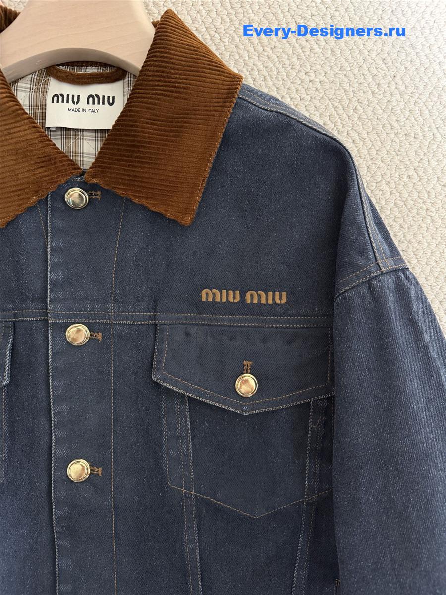 Miu Miu Embroidered-Logo Padded Blue Denim Jacket