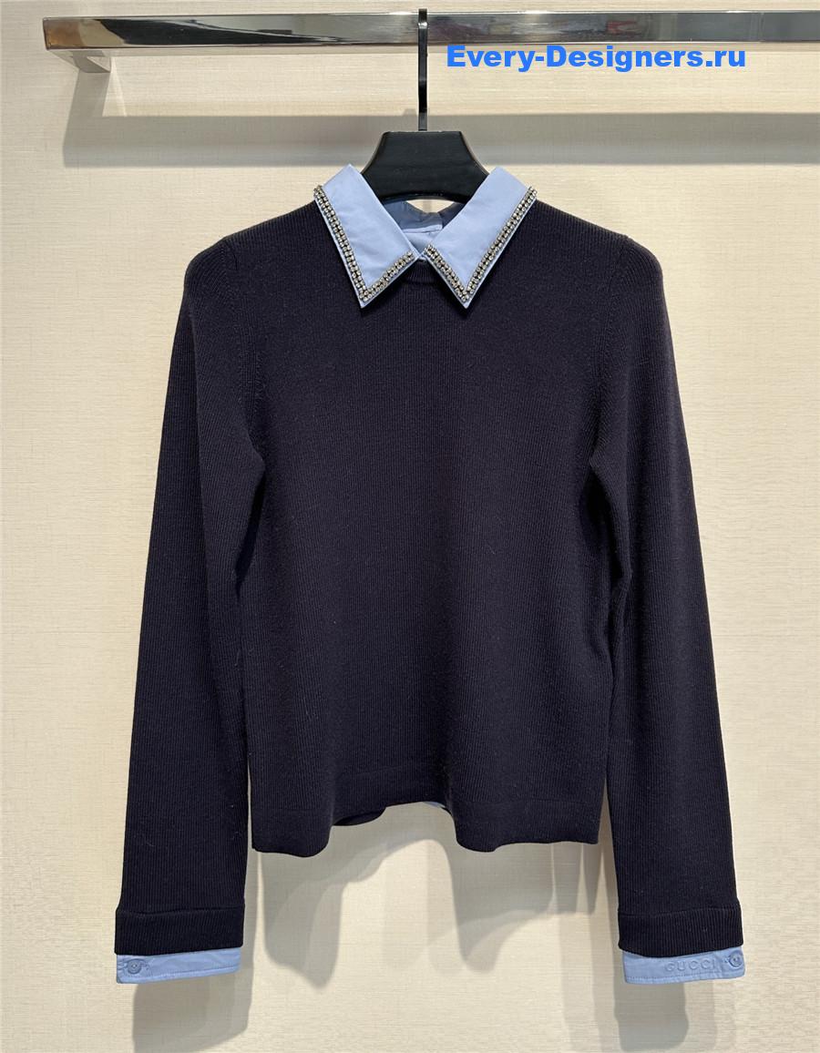 Gvc*1 navy embroidery wool sweater