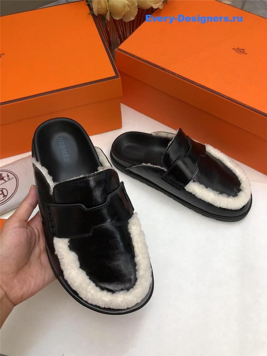 H**me5 black leather goatskin shearling go mules
