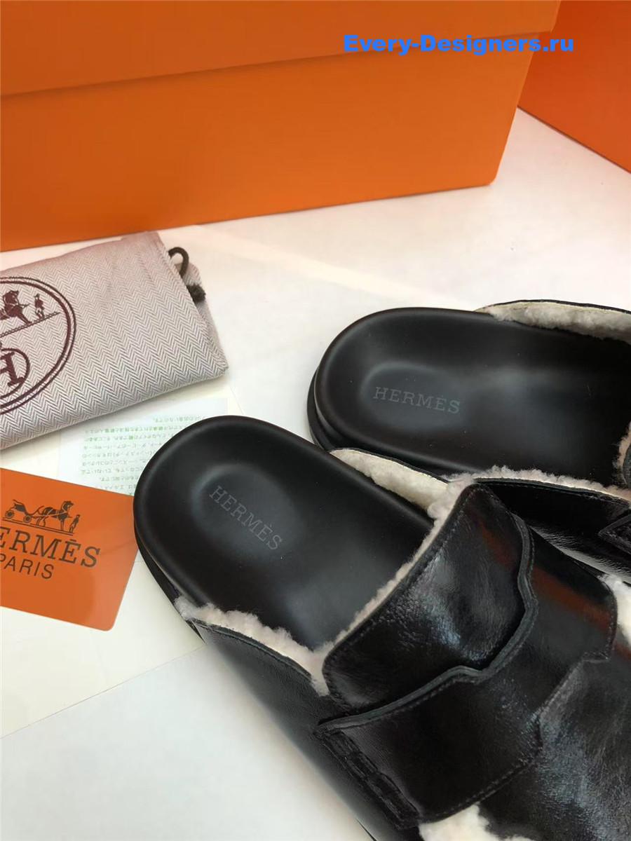 H**me5 black leather goatskin shearling go mules