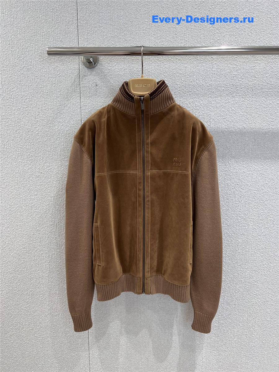 Miu Miu Brown Suede-insert Ribbed Cardigan Coat