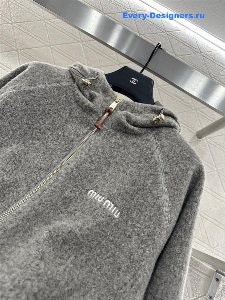 Miu Miu Grey Hooded Drawstring Lambswool Zip-up Jacket