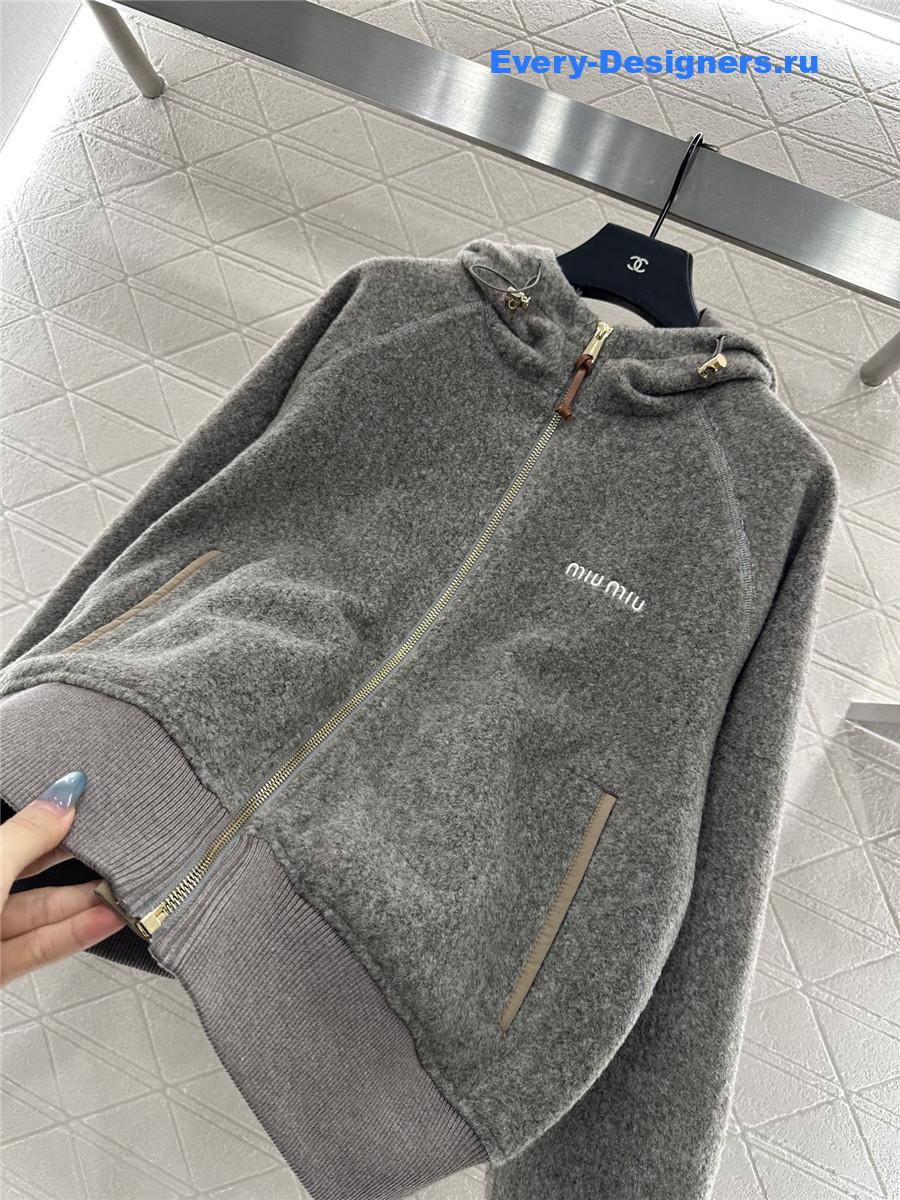 Miu Miu Grey Hooded Drawstring Lambswool Zip-up Jacket