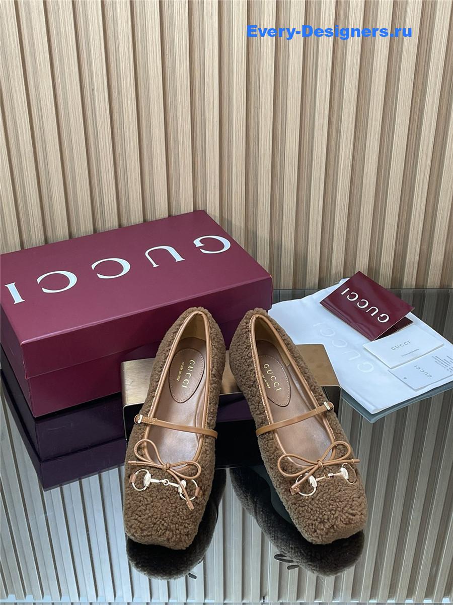 Gvc*1 horsebit brown leather-trimmed shearling flats