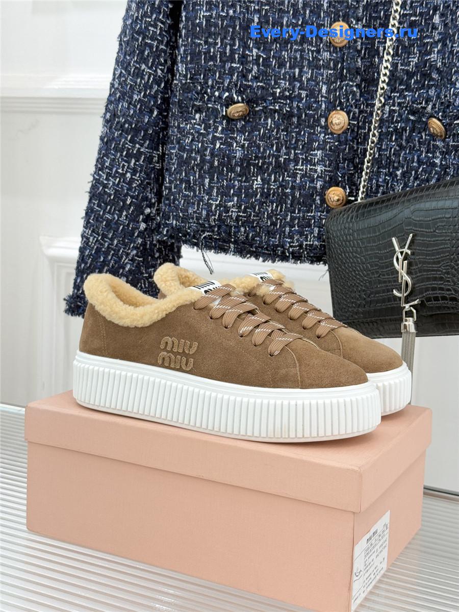 Miu Miu Desert Beige Suede And Shearling Sneakers