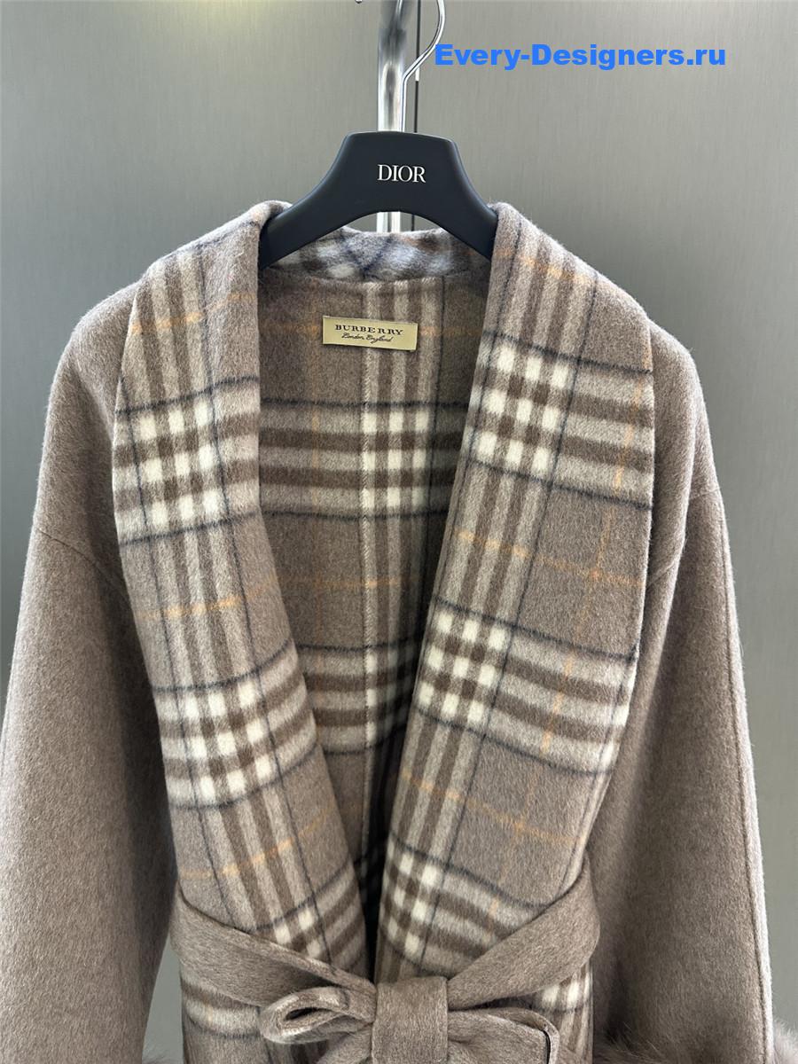 Bv*b*rry classic fox fur check wool coat