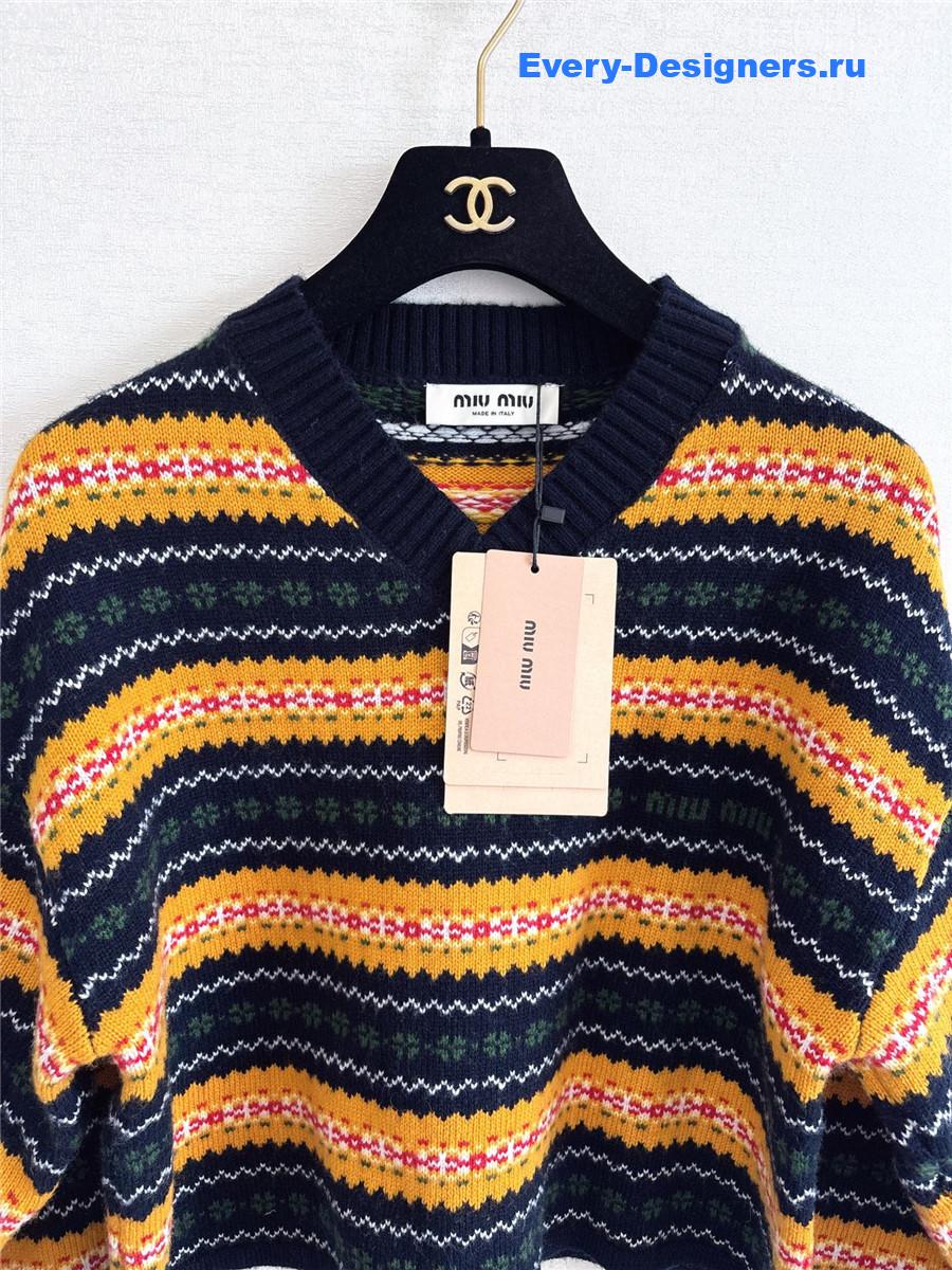 Miu Miu Yellow Striped Wool V-neck Sweater