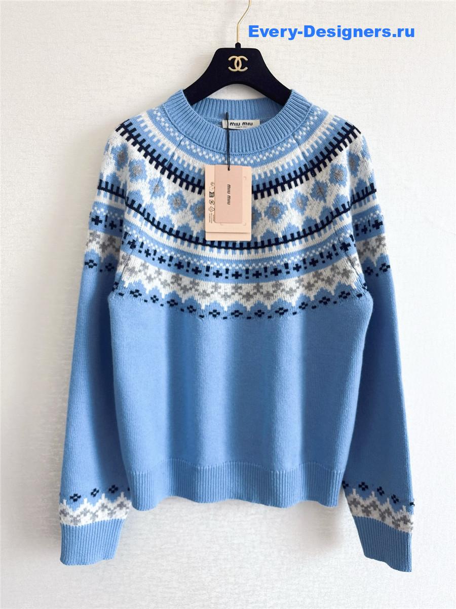 Miu Miu Sapphire Blue Wool Crew-neck Sweater