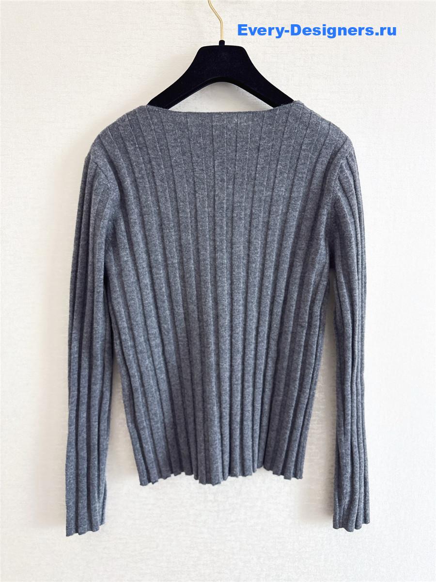 Miu Miu Grey Ribbed V-neck Sweater