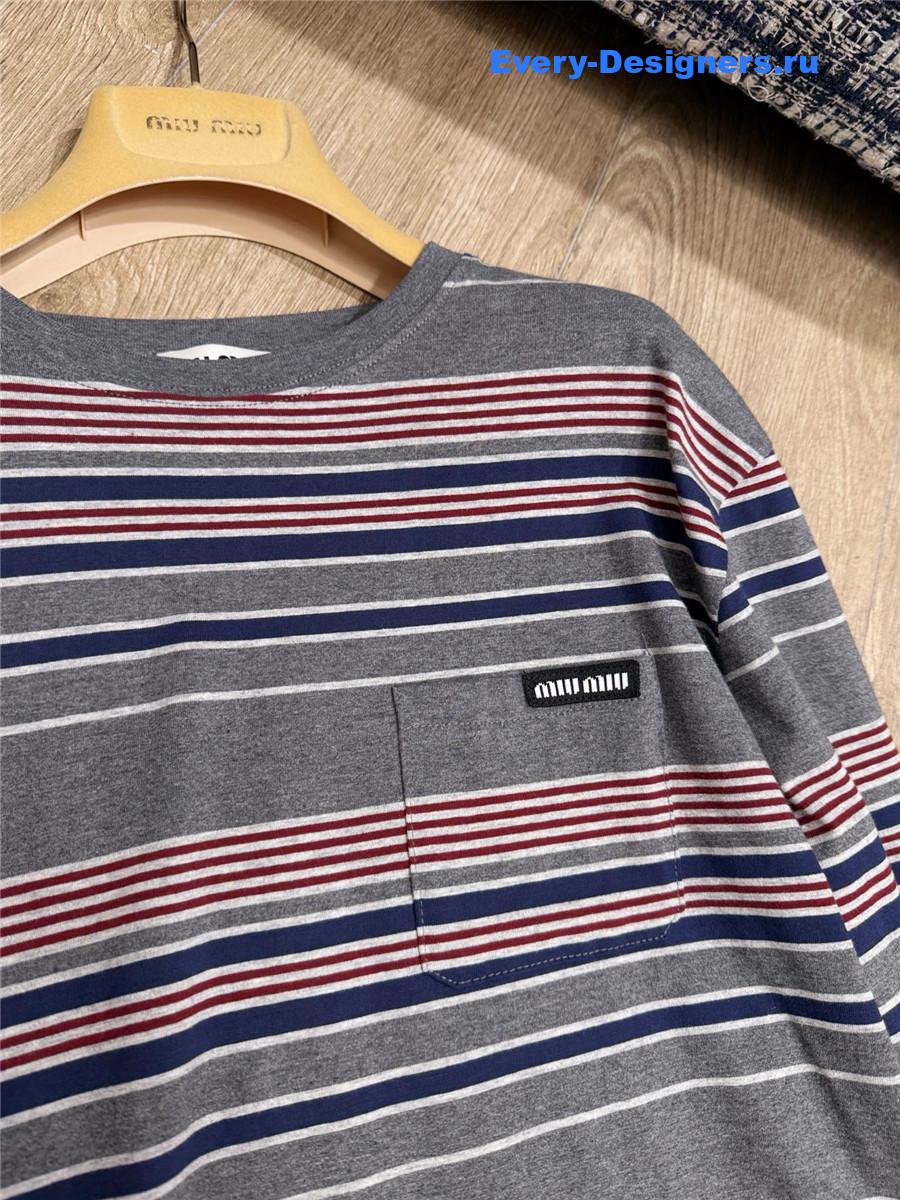 Miu Miu Gray Striped Jersey T-Shirt