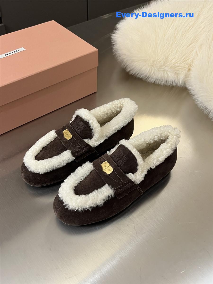 Miu Miu Women Dark Brown Wool Loafers