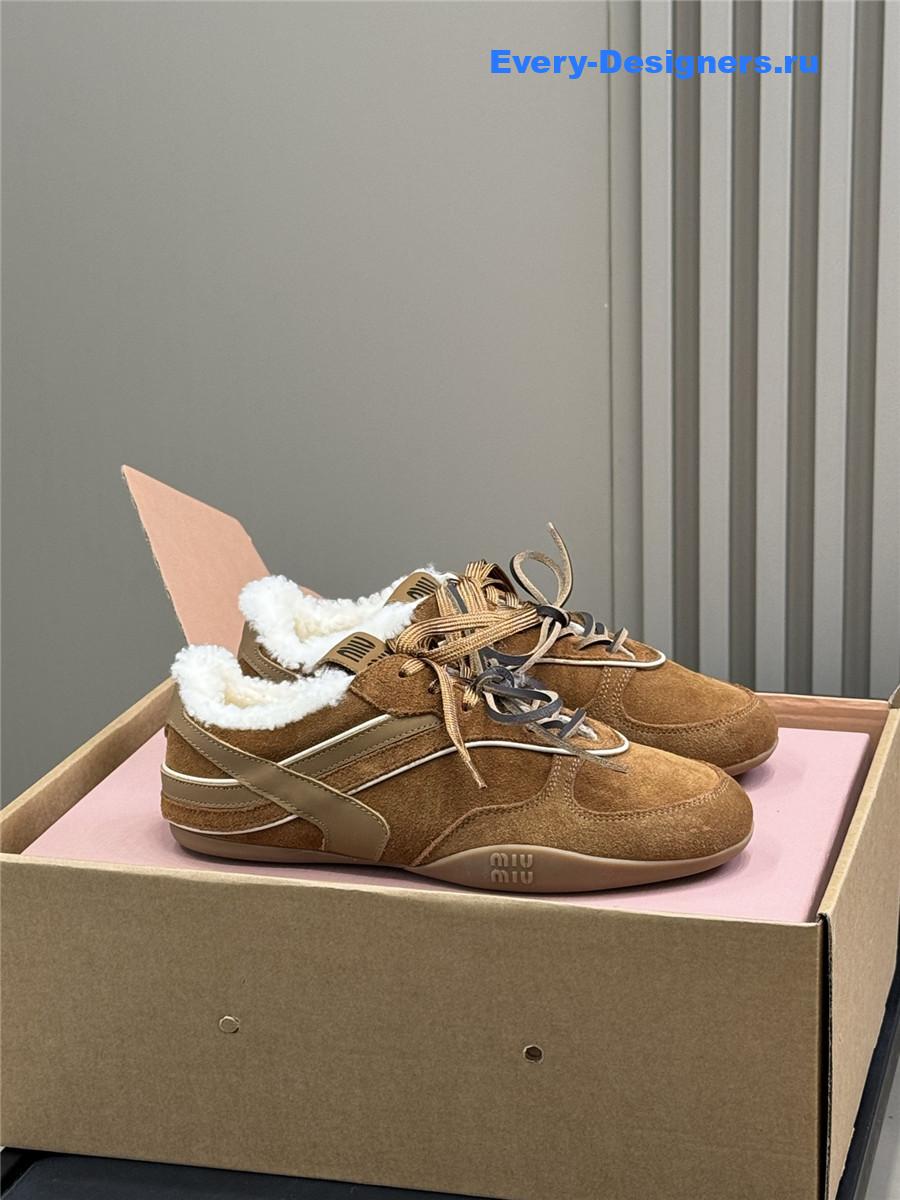 Miu Miu Beige Gymnasium Suede Shearling Sneakers