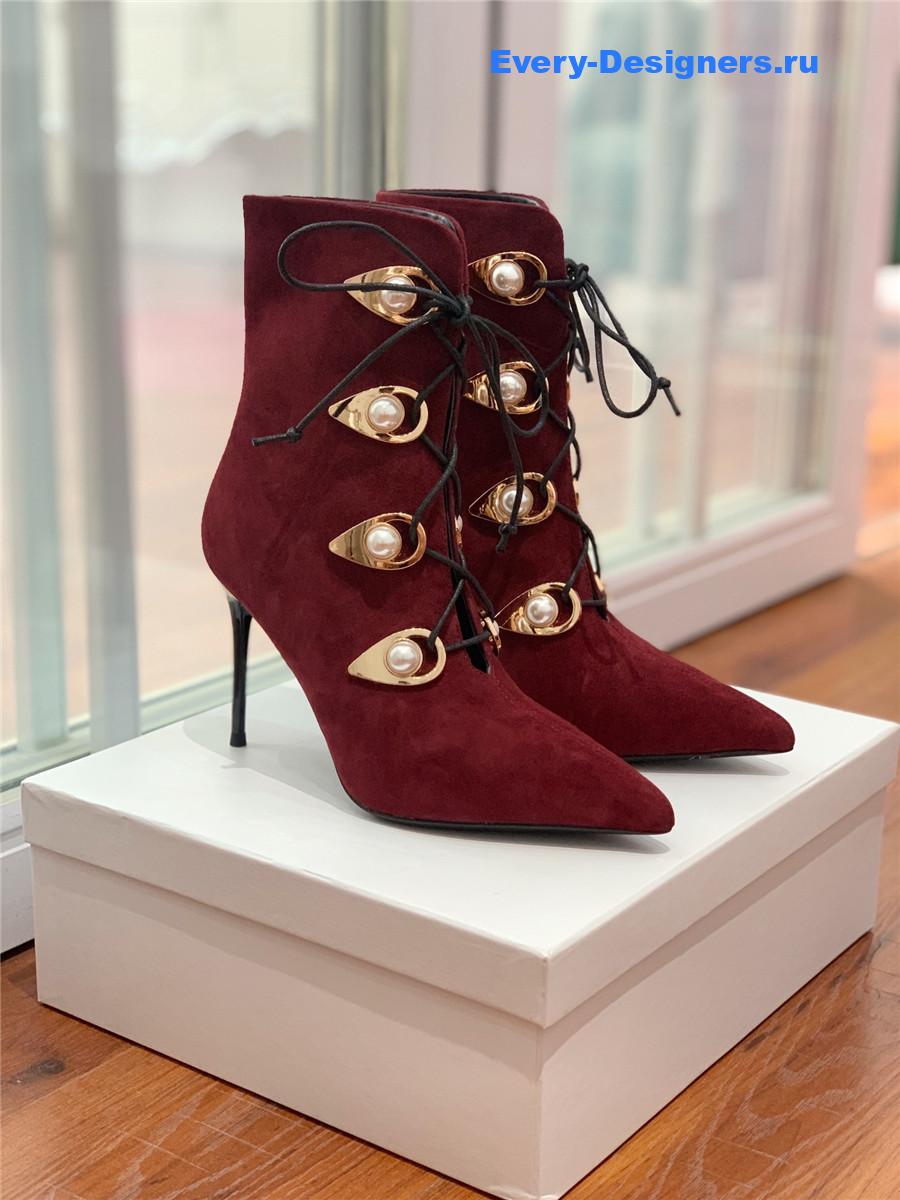 Balmain Burgundy Suede Pointed Toe High Heel Boots