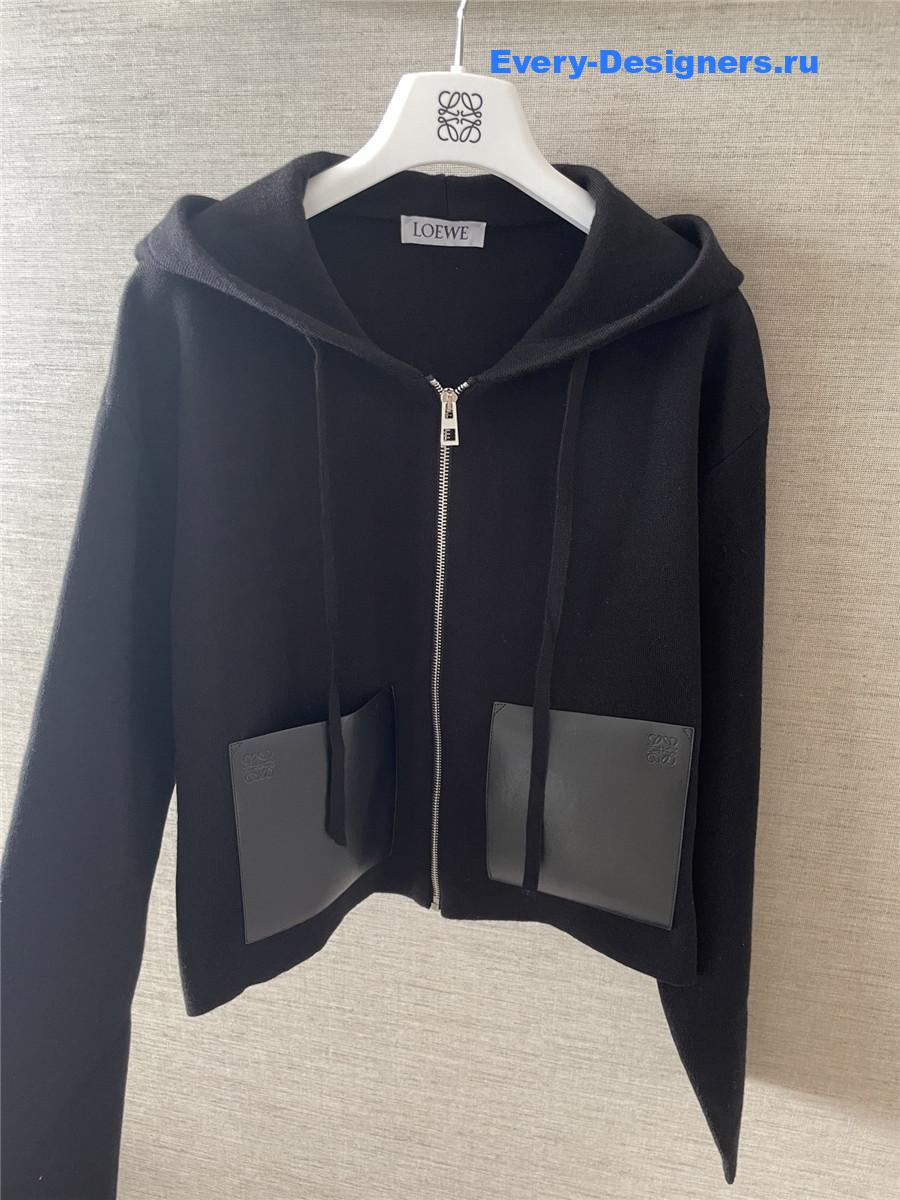 L0ew* black leather-trimmed wool-blend hoodie