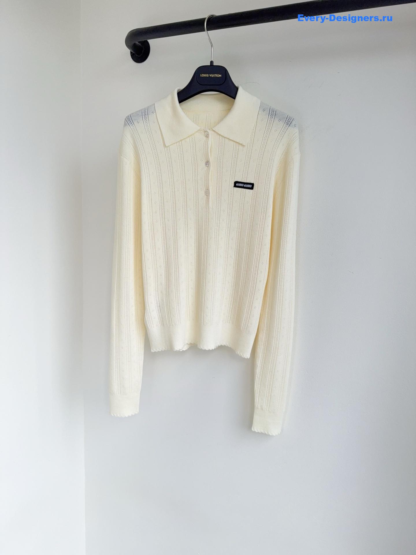 Miu Miu Long-Sleeved Pointelle Knit Polo Sweater