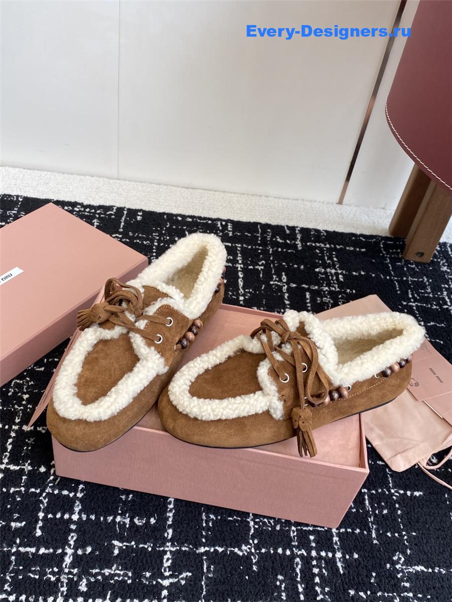 Miu Miu Brown Suede Shearling Lace-up Moccasins