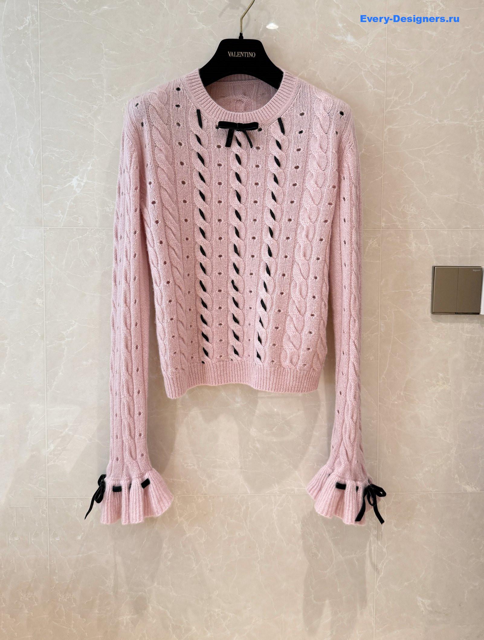 Va1e*ntin0 garavani pink cable-knit bow-embellished sweater