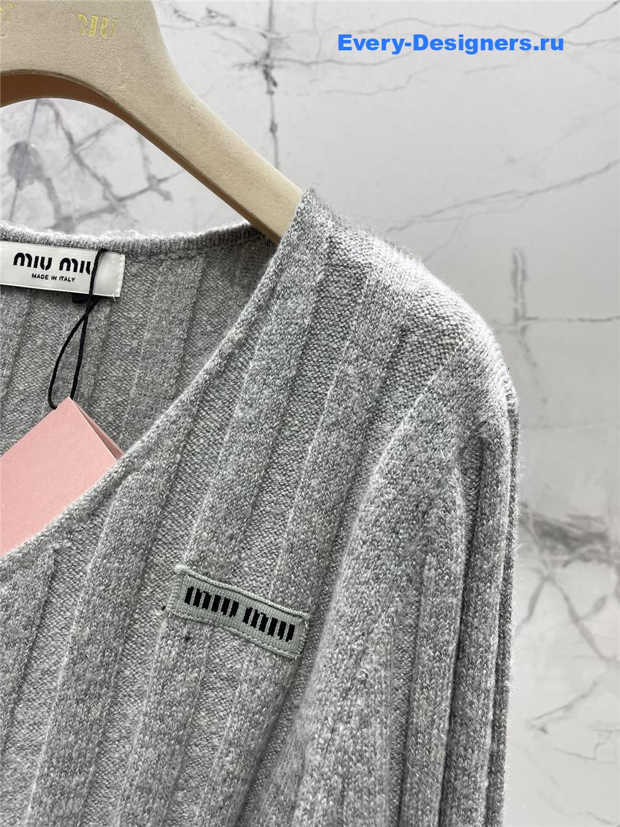Miu Miu Grey V-neck Long-sleeved Knit Sweater