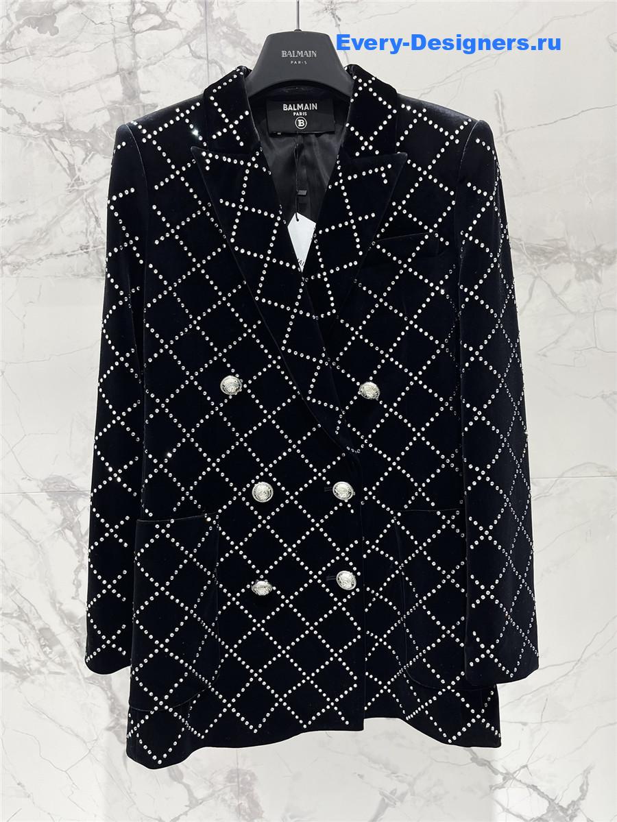 Balmain Black Velvet Rhinestone Quilted Blazer