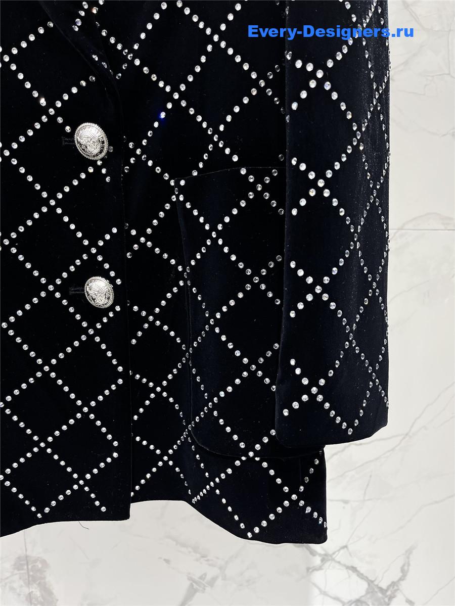 Balmain Black Velvet Rhinestone Quilted Blazer