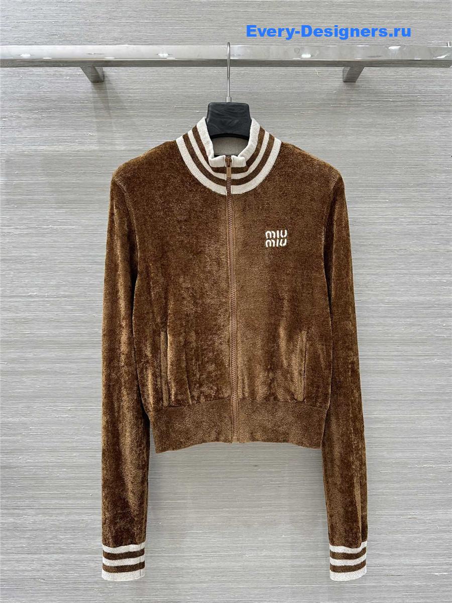 Miu Miu Camel Velvet Zip-up Cardigan