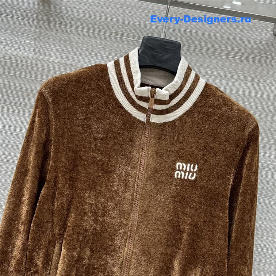 Miu Miu Camel Velvet Zip-up Cardigan