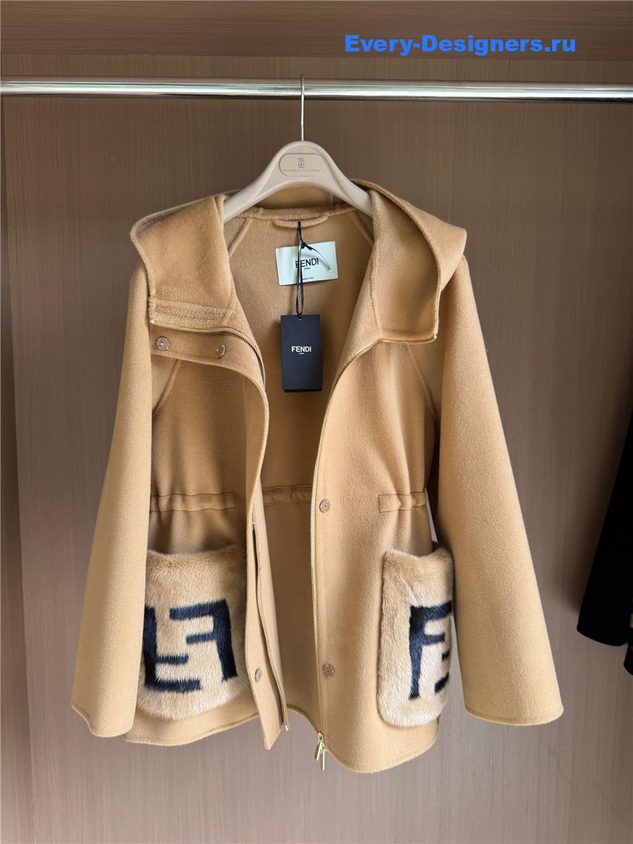 F**di hooded cropped cashmere mink camel coat