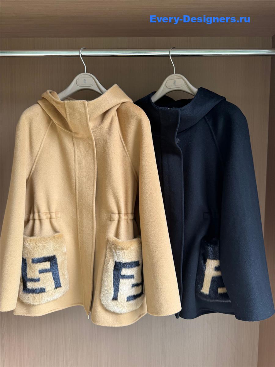 F**di hooded cropped cashmere mink camel coat