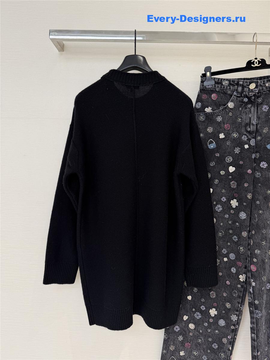 Ch**el camellia flowers black crew neck knit dress