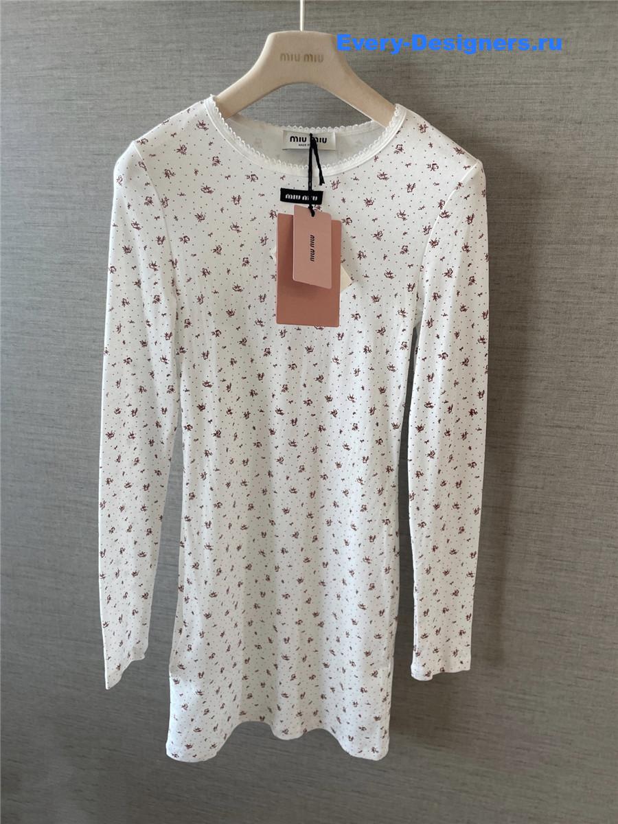Miu Miu White/tobacco Ribbed Jersey Dress