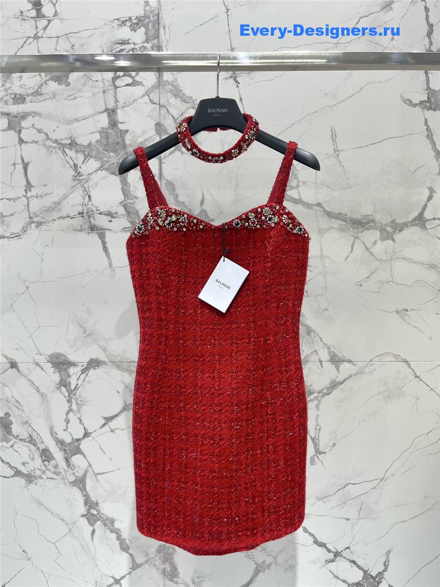 Balmain Rhinestone Red Strapless Dress