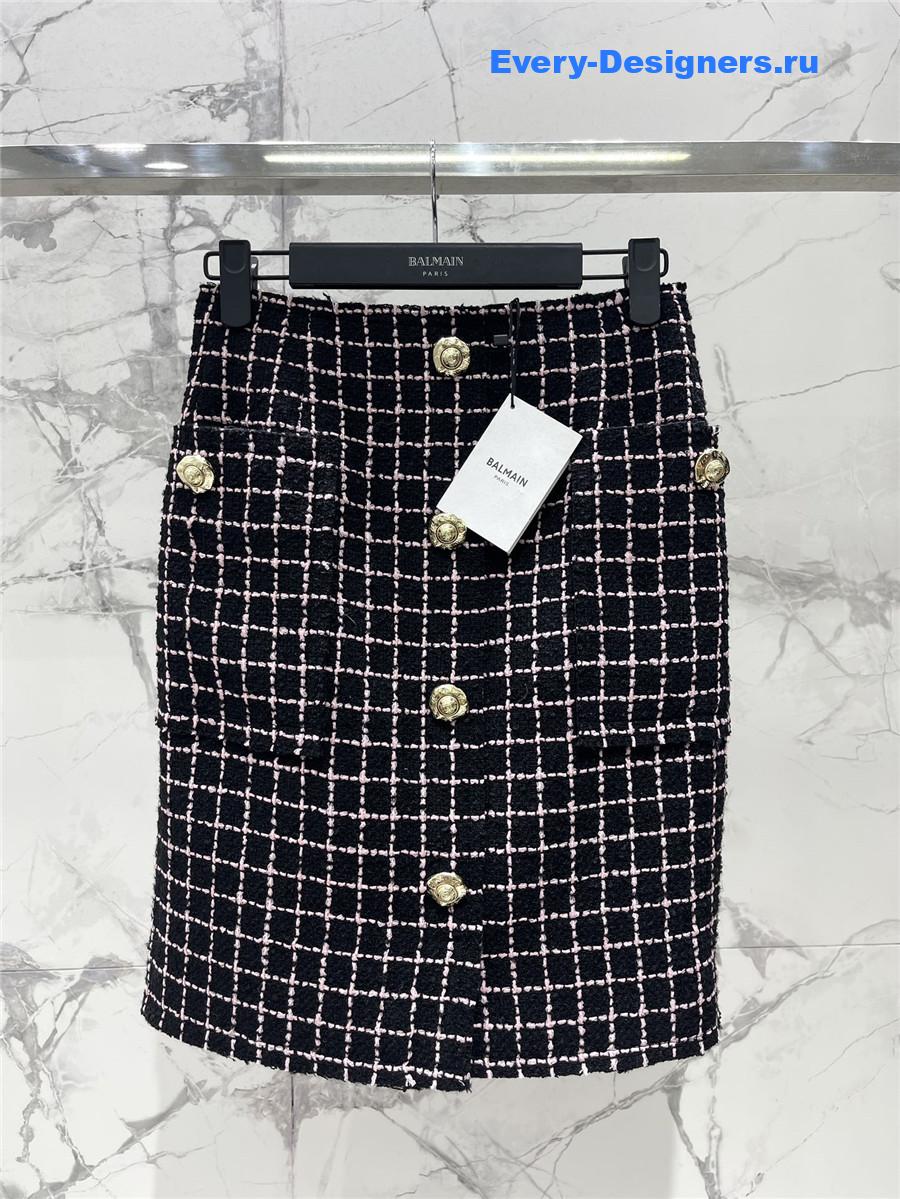 Balmain Paris Black Plaid Tweed Midi Skirt