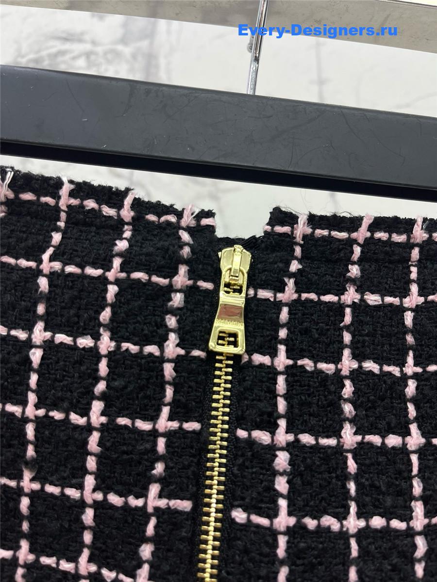 Balmain Paris Black Plaid Tweed Midi Skirt