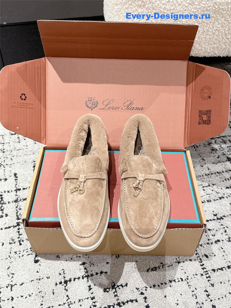 L0r0 P1ana beige shearling-trim suede loafers